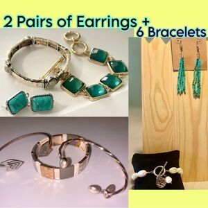 Bracelet Lot: Gold Silver Pearl Bracelets with Turquoise Earrings